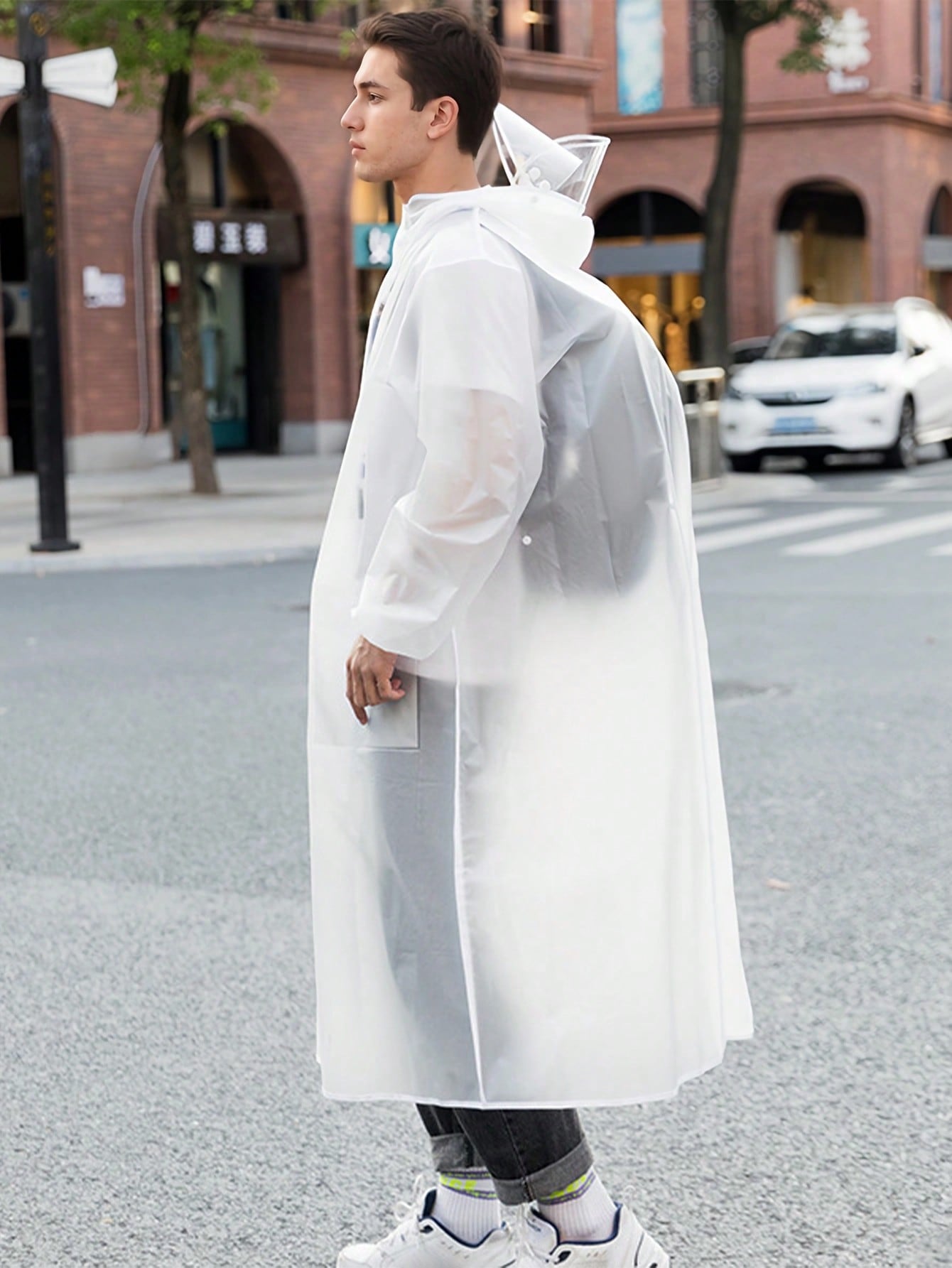 1pc EXTRA LARGE Thickened EVA Cycling Raincoat With Detachable Double Brim Rain Poncho Face Protector - Long Raincoat Full Body Rainproof Jacket For Travel, Riding, Hiking | Windproof Drawstring Hood And Waterproof Pocket | Women's Raincoat, Men's Rainco