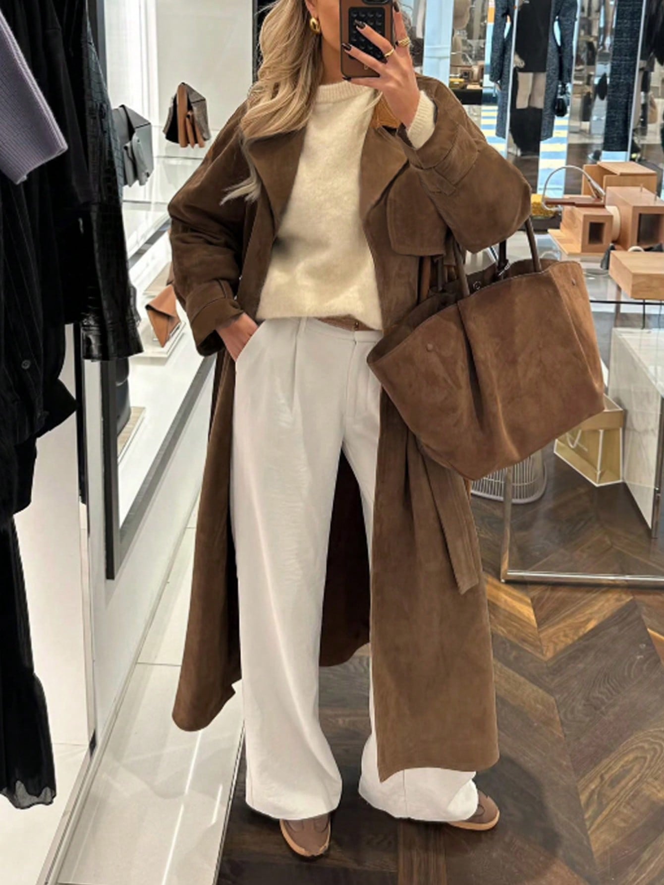 Autumn And Winter Elegant Women's Fashion Elegant Comfortable Casual Temperament Lady Vintage Simple Brown Commuter Windproof Warm Thickened Long Sleeve Pocket Button Ladies Trench Coat Jacket Long Coat
