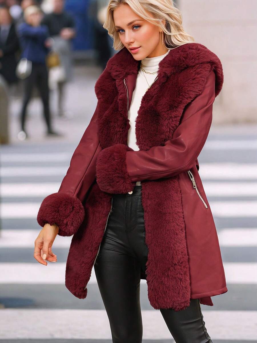 Giolshon Women's PU Jacket With Faux Fur And Belt - Perfect For Fall And Winter, And Stylish With Waist Tie For Casual Or Work Commute