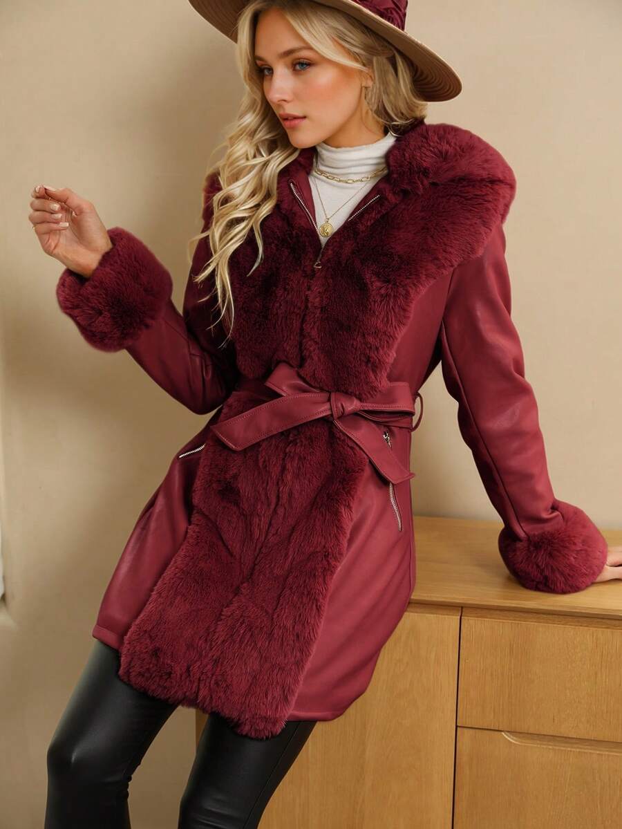 Giolshon Women's PU Jacket With Faux Fur And Belt - Perfect For Fall And Winter, And Stylish With Waist Tie For Casual Or Work Commute