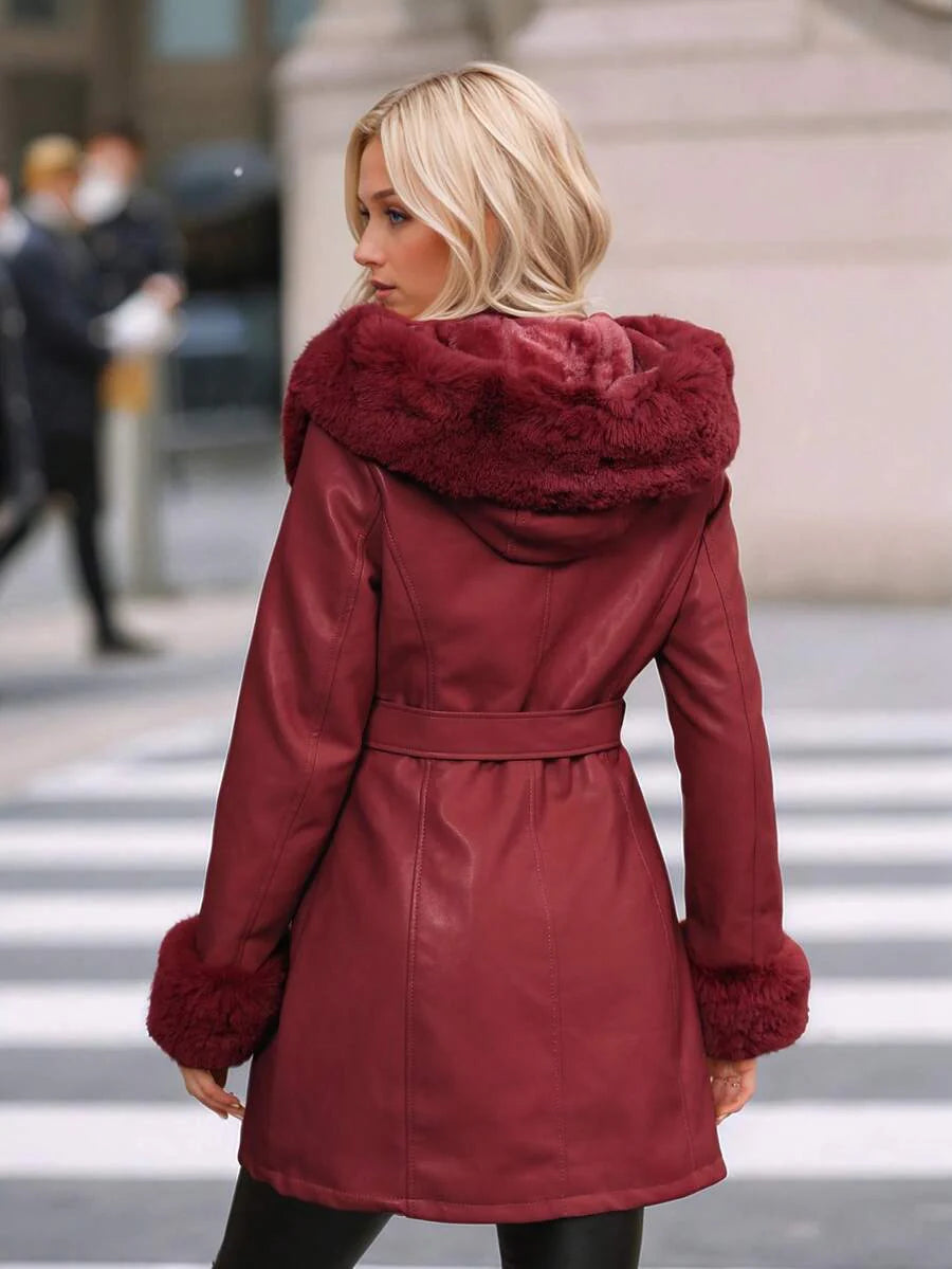 Giolshon Women's PU Jacket With Faux Fur And Belt - Perfect For Fall And Winter, And Stylish With Waist Tie For Casual Or Work Commute