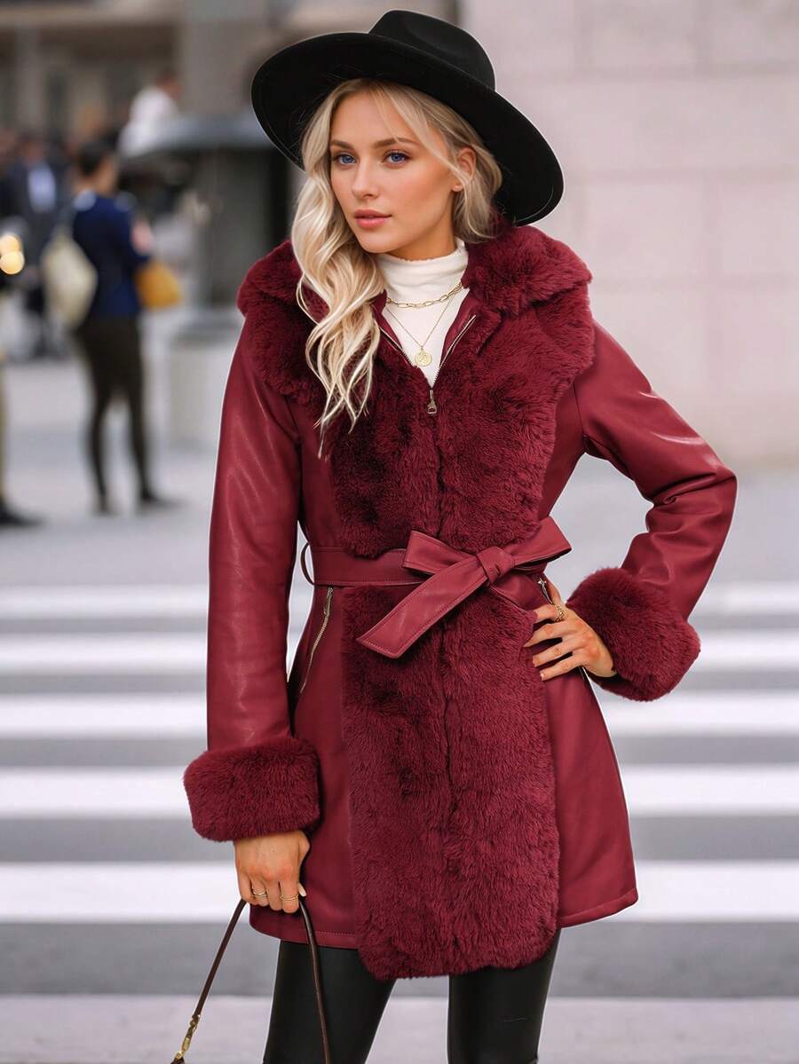 Giolshon Women's PU Jacket With Faux Fur And Belt - Perfect For Fall And Winter, And Stylish With Waist Tie For Casual Or Work Commute