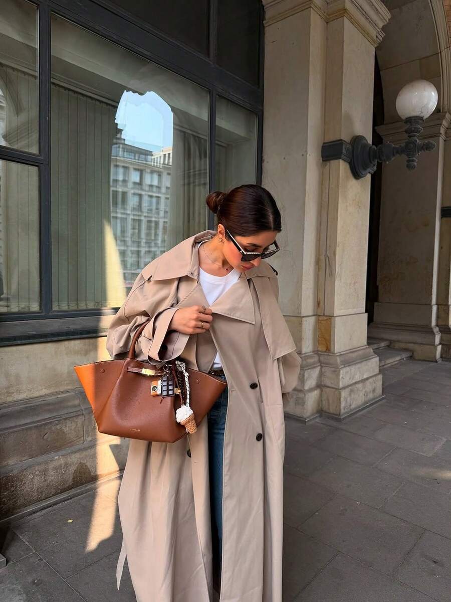 Women's Casual Elegant Long Windbreaker Jacket - Pockets, Flat Lapel Collar, Dolman Sleeves, Tie Waist Belt, Adjustable Cuffs