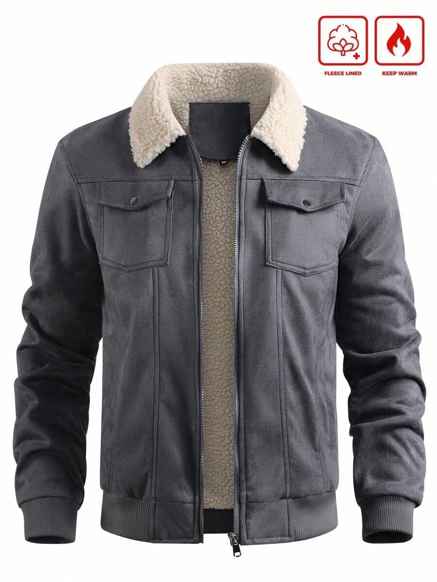 Manfinity Homme Men's Sherpa Fleece Jacket, Faux Suede Fur Collar, For Fall Winter