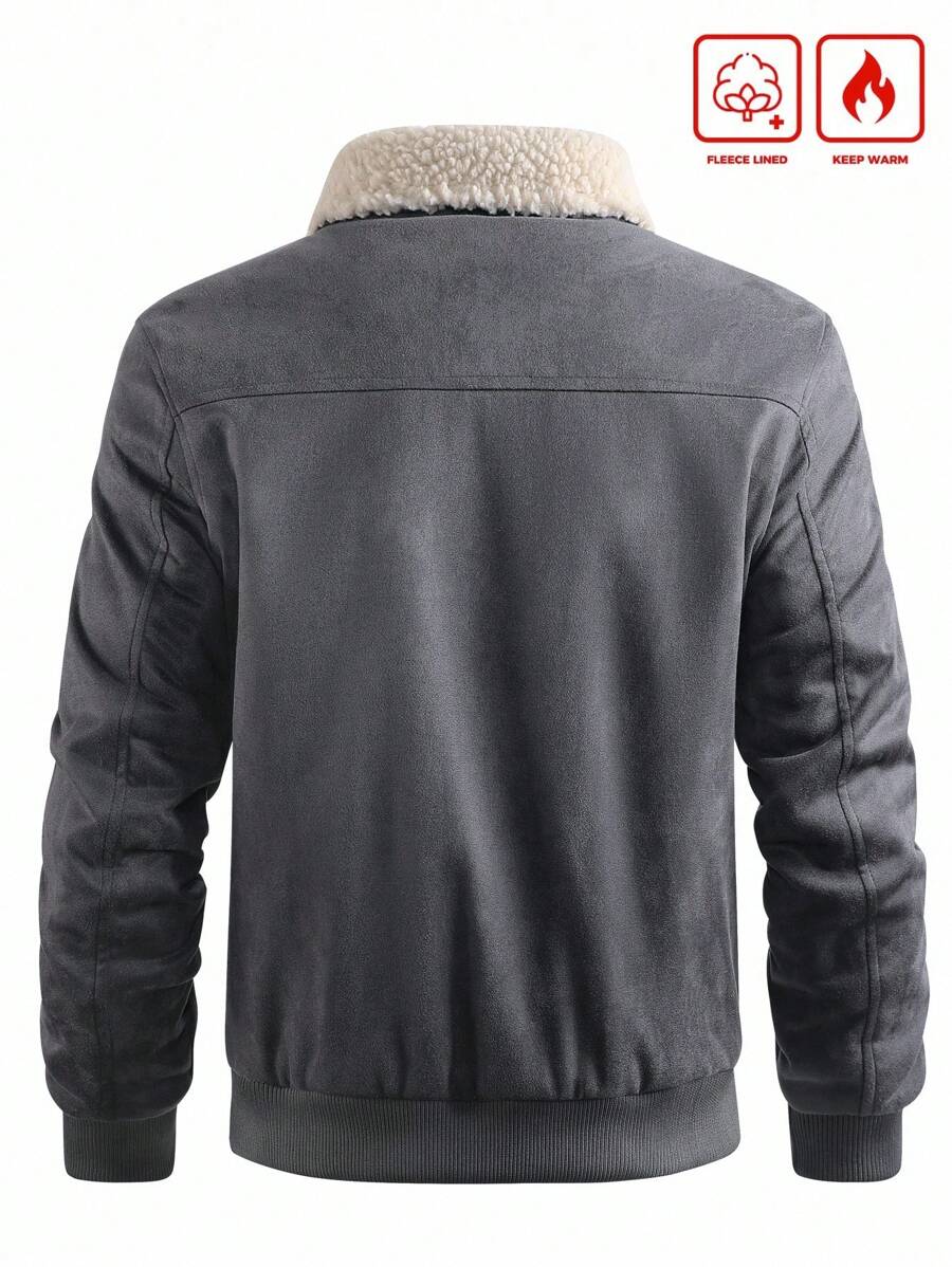 Manfinity Homme Men's Sherpa Fleece Jacket, Faux Suede Fur Collar, For Fall Winter