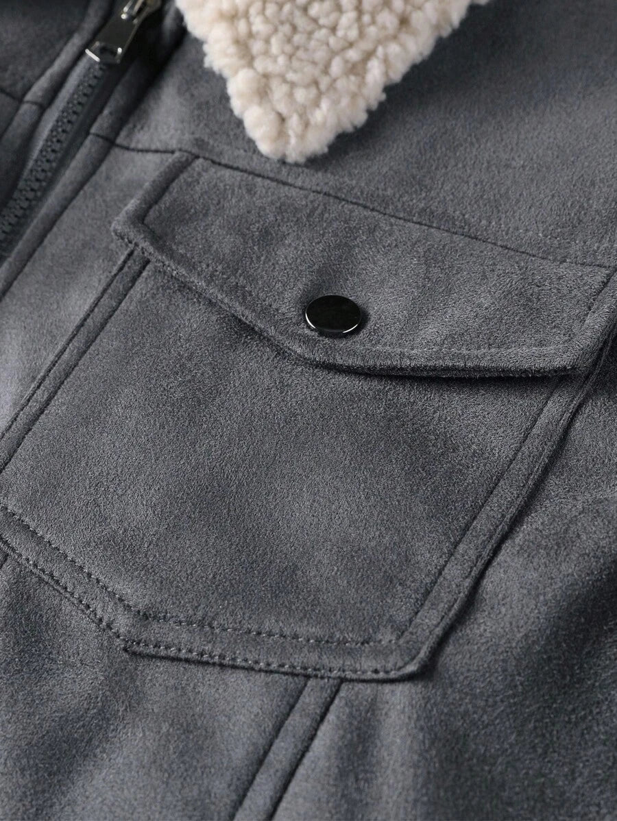 Manfinity Homme Men's Sherpa Fleece Jacket, Faux Suede Fur Collar, For Fall Winter
