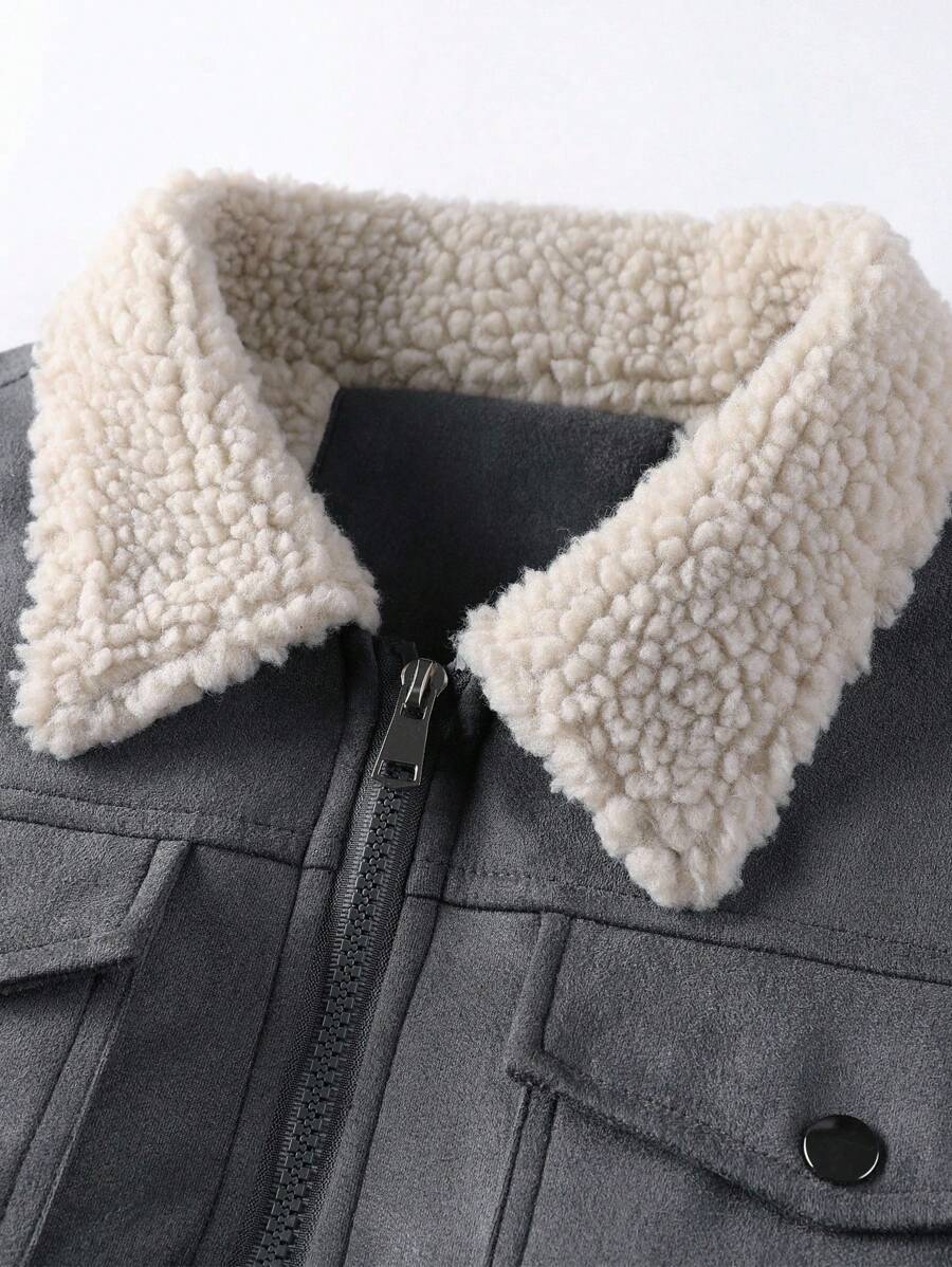Manfinity Homme Men's Sherpa Fleece Jacket, Faux Suede Fur Collar, For Fall Winter