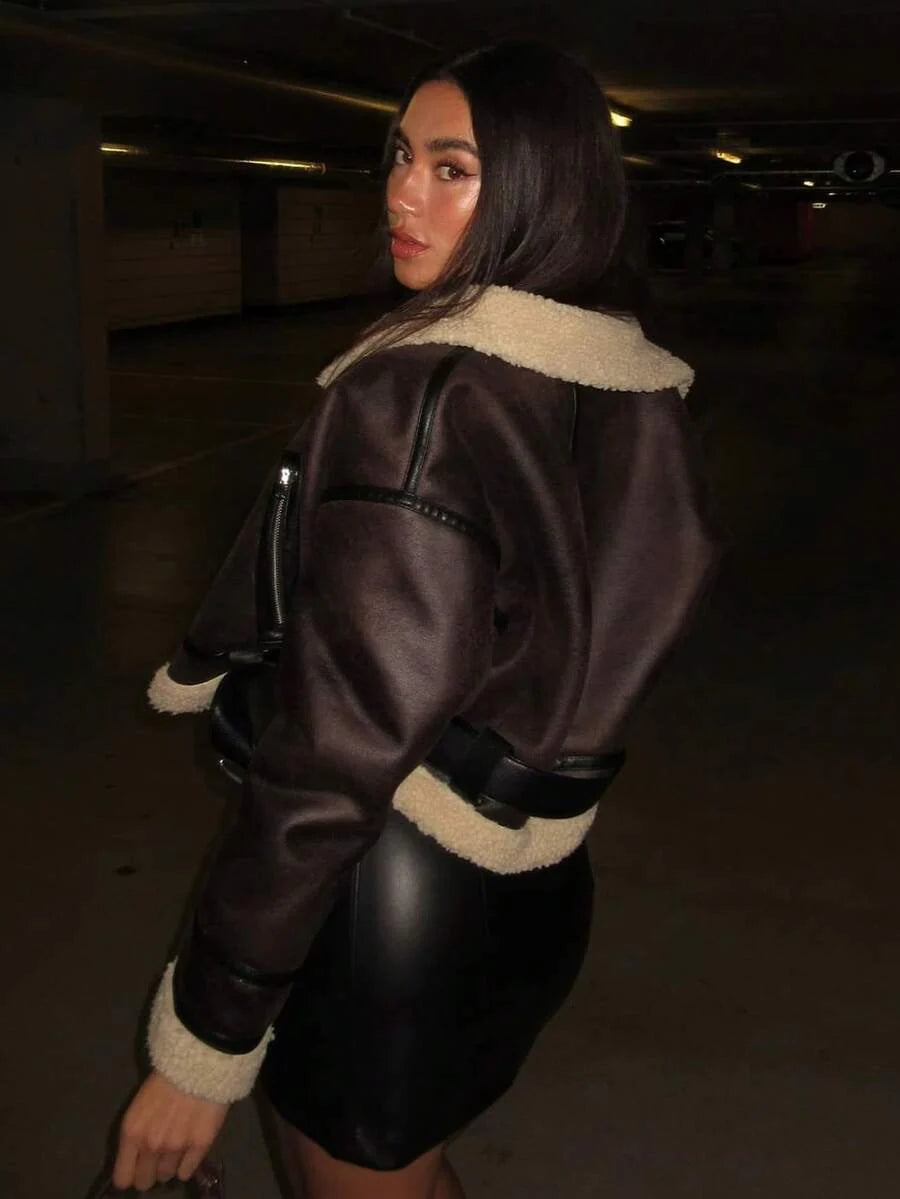 HH Fashion Elegant Women Thickening Warm Zip Coat Female Faux Leather Lambswool Patchwork Casual Jacket