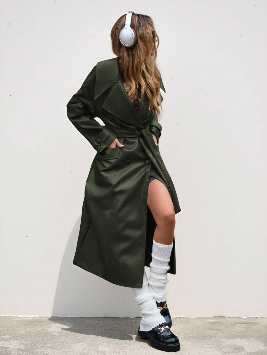 Aveloria Affinna Women's High Quality Burgundy PU Leather French Style Turndown Collar Long Sleeve Jacket, Fashion Streetwear, Autumn Fall Cloth For Women
