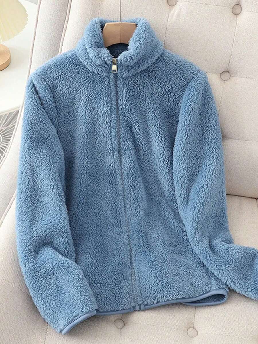 Women's Solid Color Thick Warm Double-Sided Fleece Zip-Up Jacket, Winter