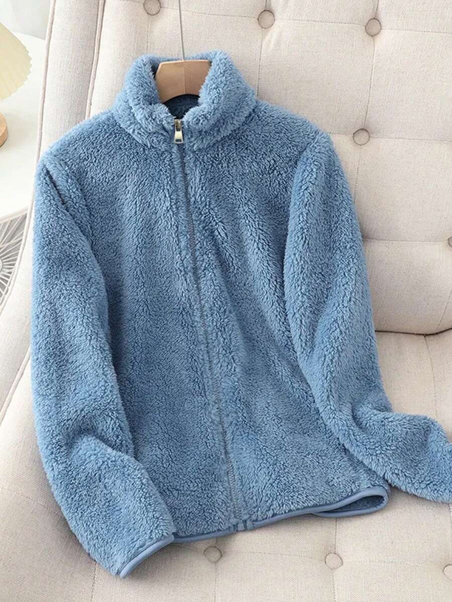 Women's Solid Color Thick Warm Double-Sided Fleece Zip-Up Jacket, Winter