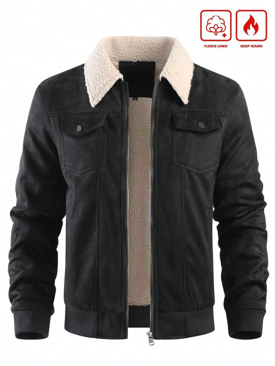 Manfinity Homme Men's Sherpa Fleece Jacket, Faux Suede Fur Collar, For Fall Winter