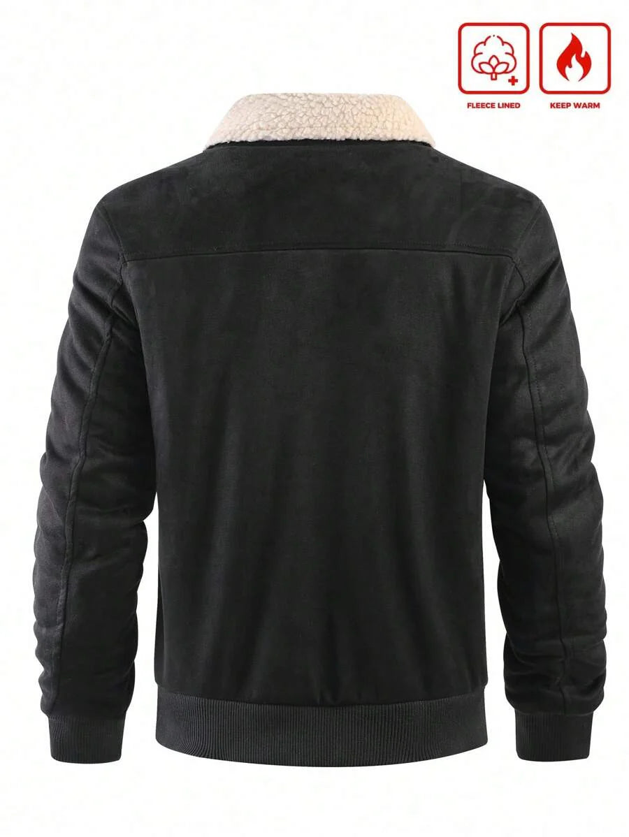 Manfinity Homme Men's Sherpa Fleece Jacket, Faux Suede Fur Collar, For Fall Winter