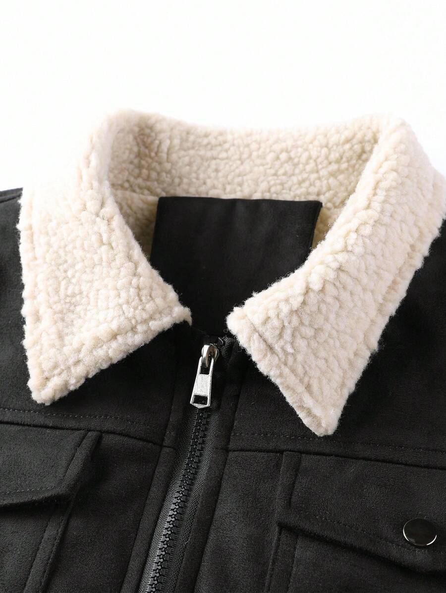 Manfinity Homme Men's Sherpa Fleece Jacket, Faux Suede Fur Collar, For Fall Winter