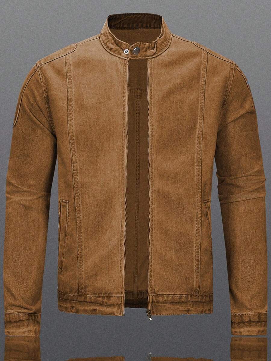Manfinity Homme Men's Biker-Style Zip-Up Denim Jacket With Collar For Men, For Fall