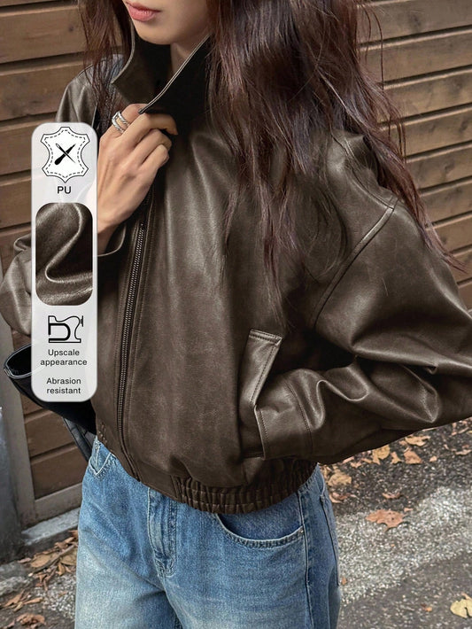 DAZY New Spring Distressed Leather Jacket Short Jacket Women, Regular Fit, Suitable For Valentine's Day Fall, Winter