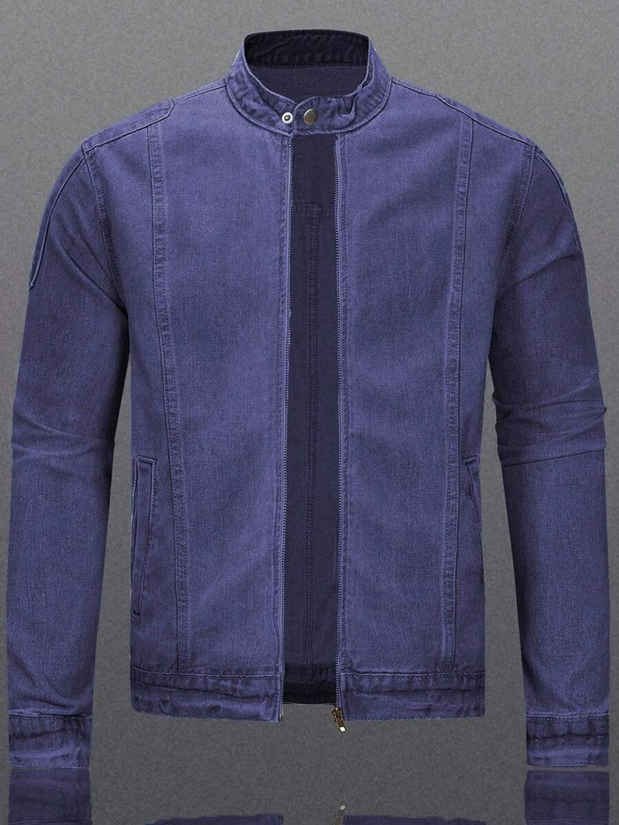 Manfinity Homme Men's Biker-Style Zip-Up Denim Jacket With Collar For Men, For Fall