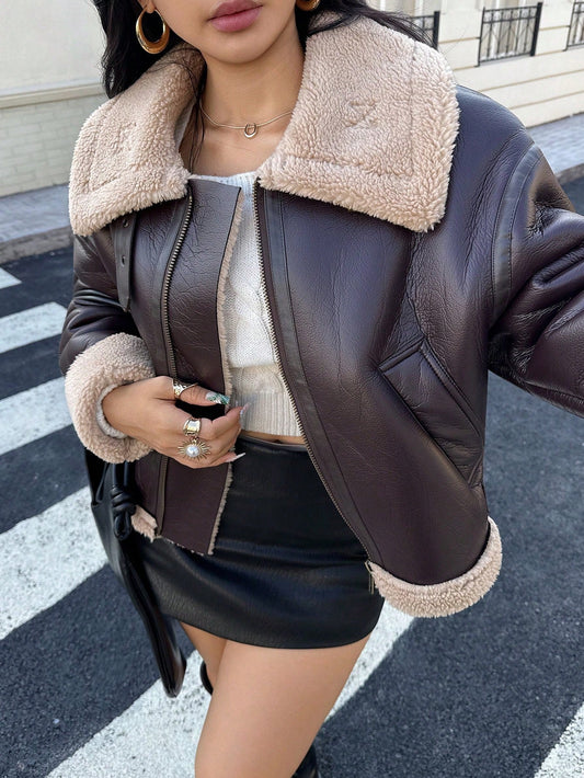 DEEKA Winter New Short Warm Two-Sided Motorcycle Jacket, Women's Oversized Brown Faux Leather
