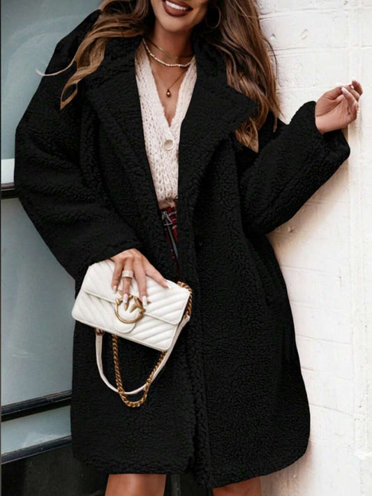 1pc Solid Color Fluffy Faux Fur Thick Long Coat, Button Front, Women Furry Jacket For Everyday Wear, Autumn/Winter