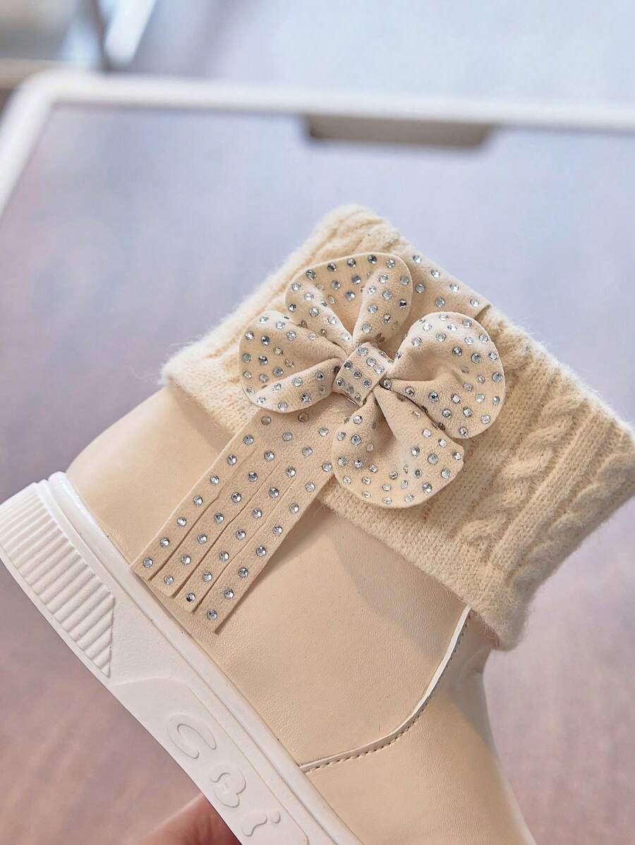 1 Pair Beige Girls Snow Boots, New Autumn Winter Toddler Warm Plush Lining Waterproof Non-Slip Princess Boots