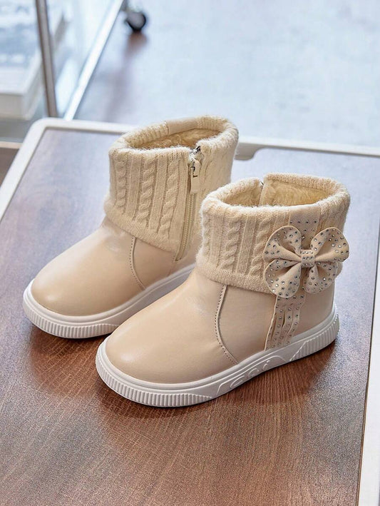 1 Pair Beige Girls Snow Boots, New Autumn Winter Toddler Warm Plush Lining Waterproof Non-Slip Princess Boots