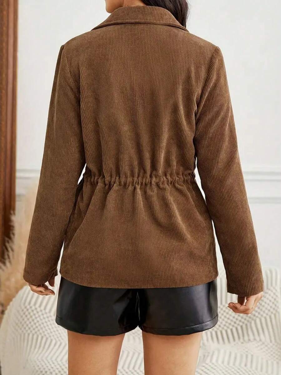 Women's Solid Color Long Sleeve Drawstring Waist Cargo Pocket Casual Jacket