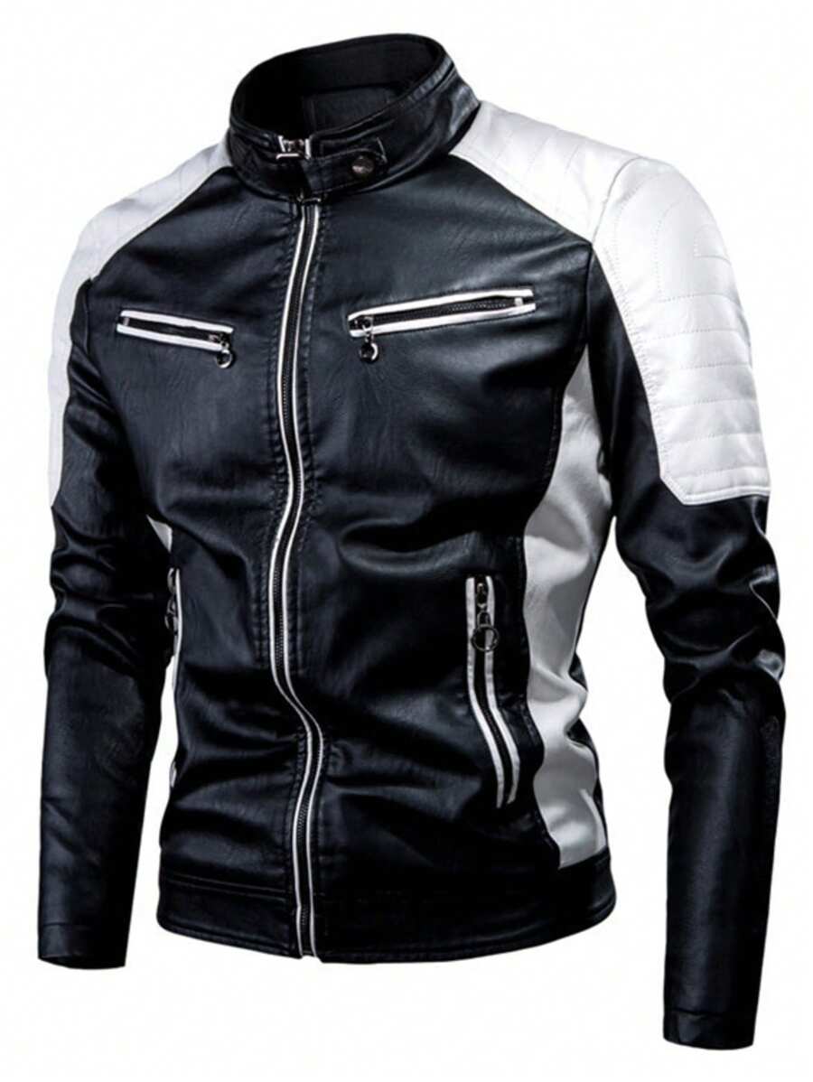 Men's Zipper Closure Long Sleeve Fitted Casual PU Leather Biker Jacket