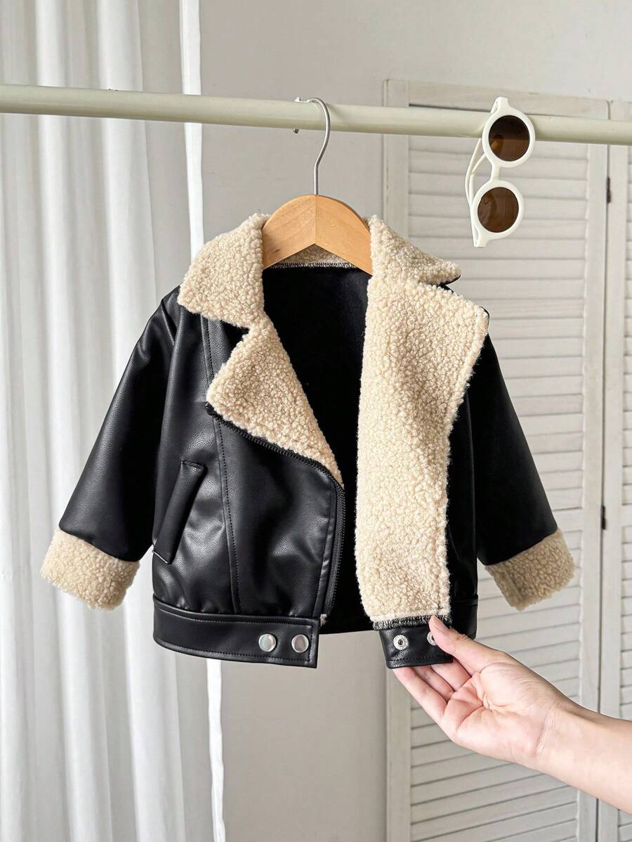 SHEIN Playful Pals Plush Patchwork Baby Boy Faux Leather Jacket, Fashionable Casual Streetwear Baby Boy Jacket