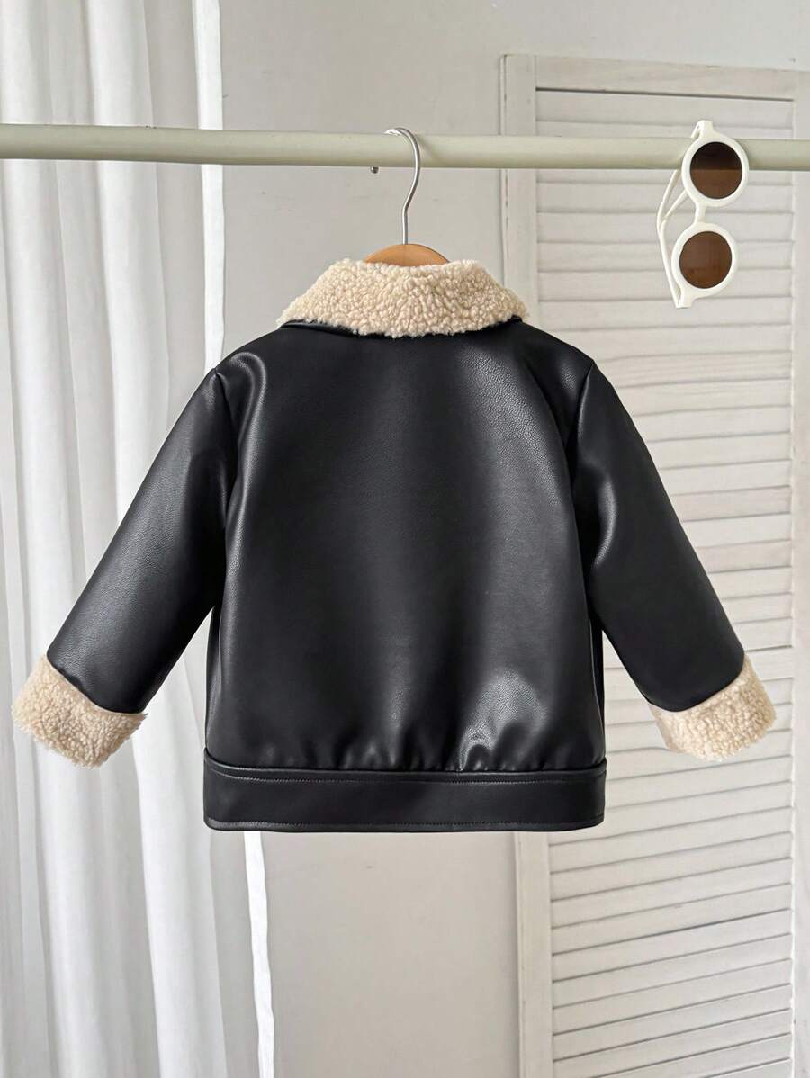 SHEIN Playful Pals Plush Patchwork Baby Boy Faux Leather Jacket, Fashionable Casual Streetwear Baby Boy Jacket