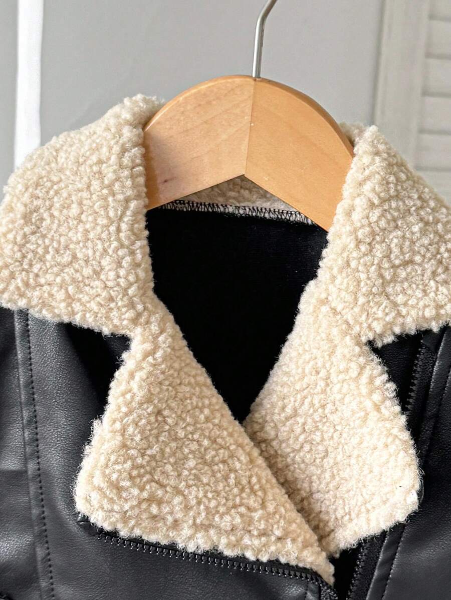 SHEIN Playful Pals Plush Patchwork Baby Boy Faux Leather Jacket, Fashionable Casual Streetwear Baby Boy Jacket