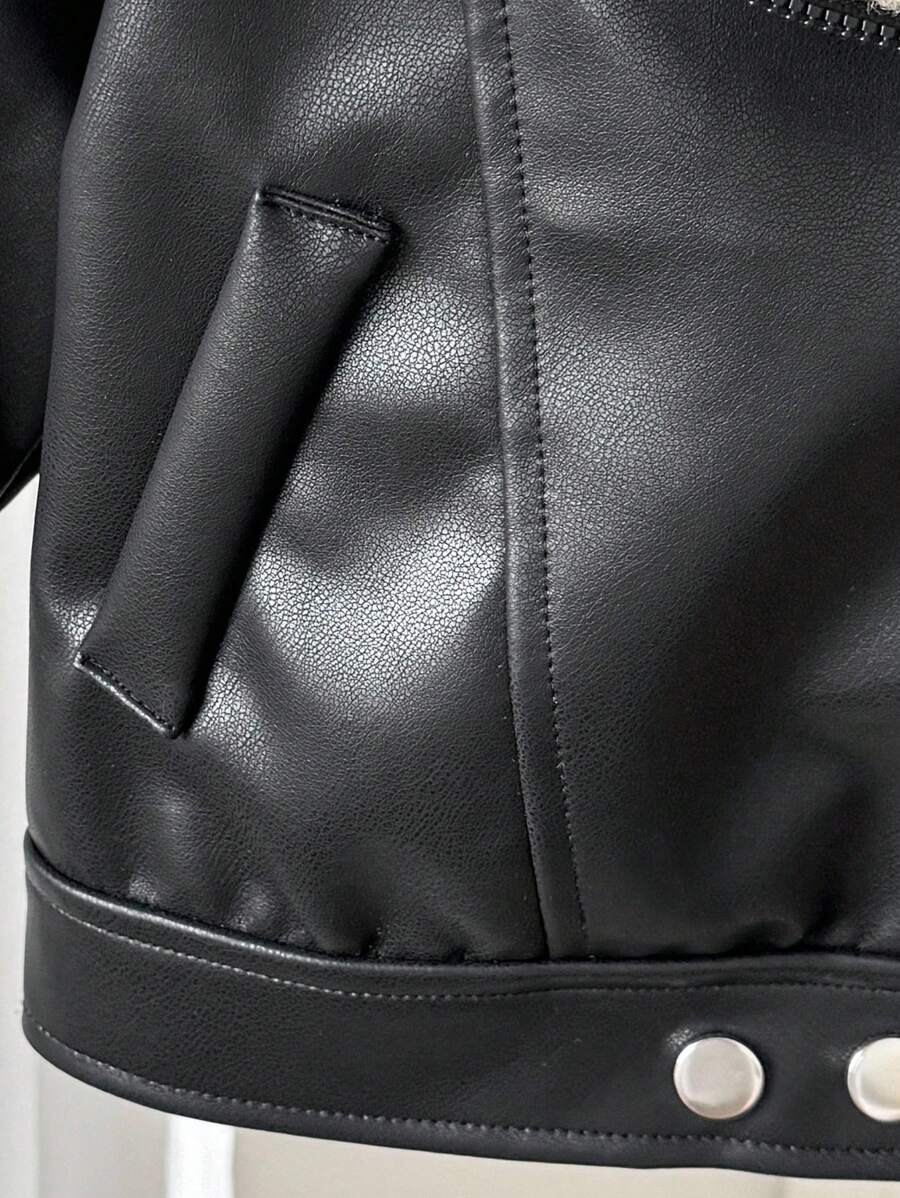 SHEIN Playful Pals Plush Patchwork Baby Boy Faux Leather Jacket, Fashionable Casual Streetwear Baby Boy Jacket