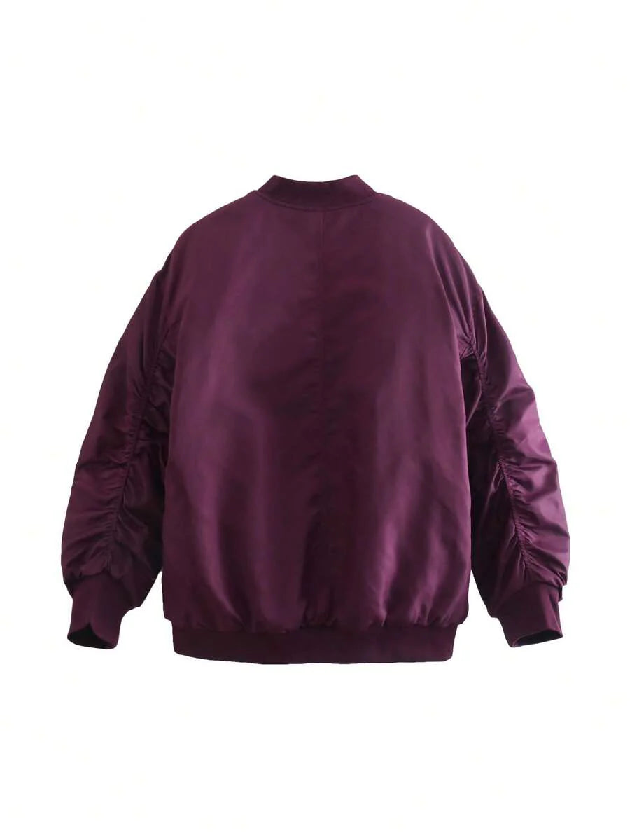 Women's Black Bomber Jacket Front Zip Pockets Long Sleeve Casual Warm Coat For Fall Winter