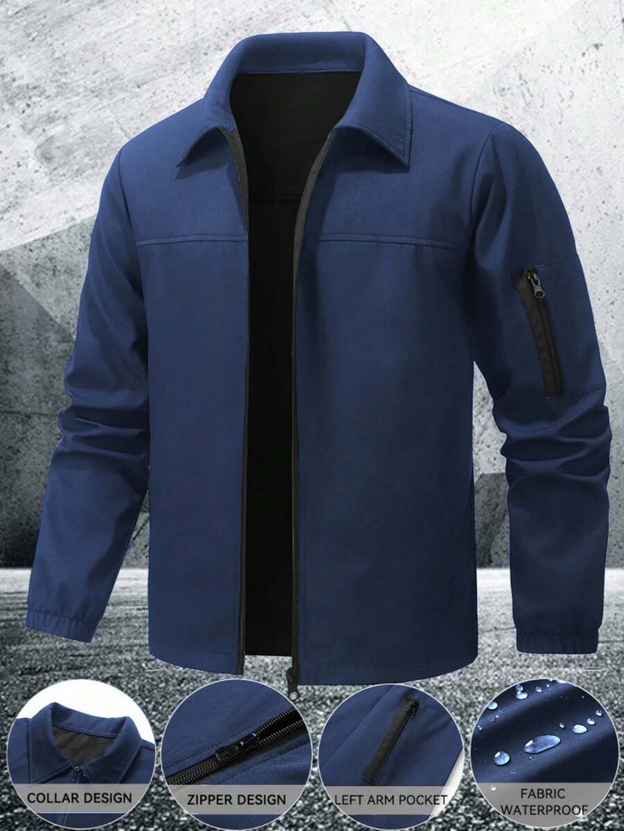 Manfinity Homme Men's Solid Color Zip-Up Casual Outdoor Windbreaker Jacket, Men's Black Jacket, Men's Teachwear Jacket