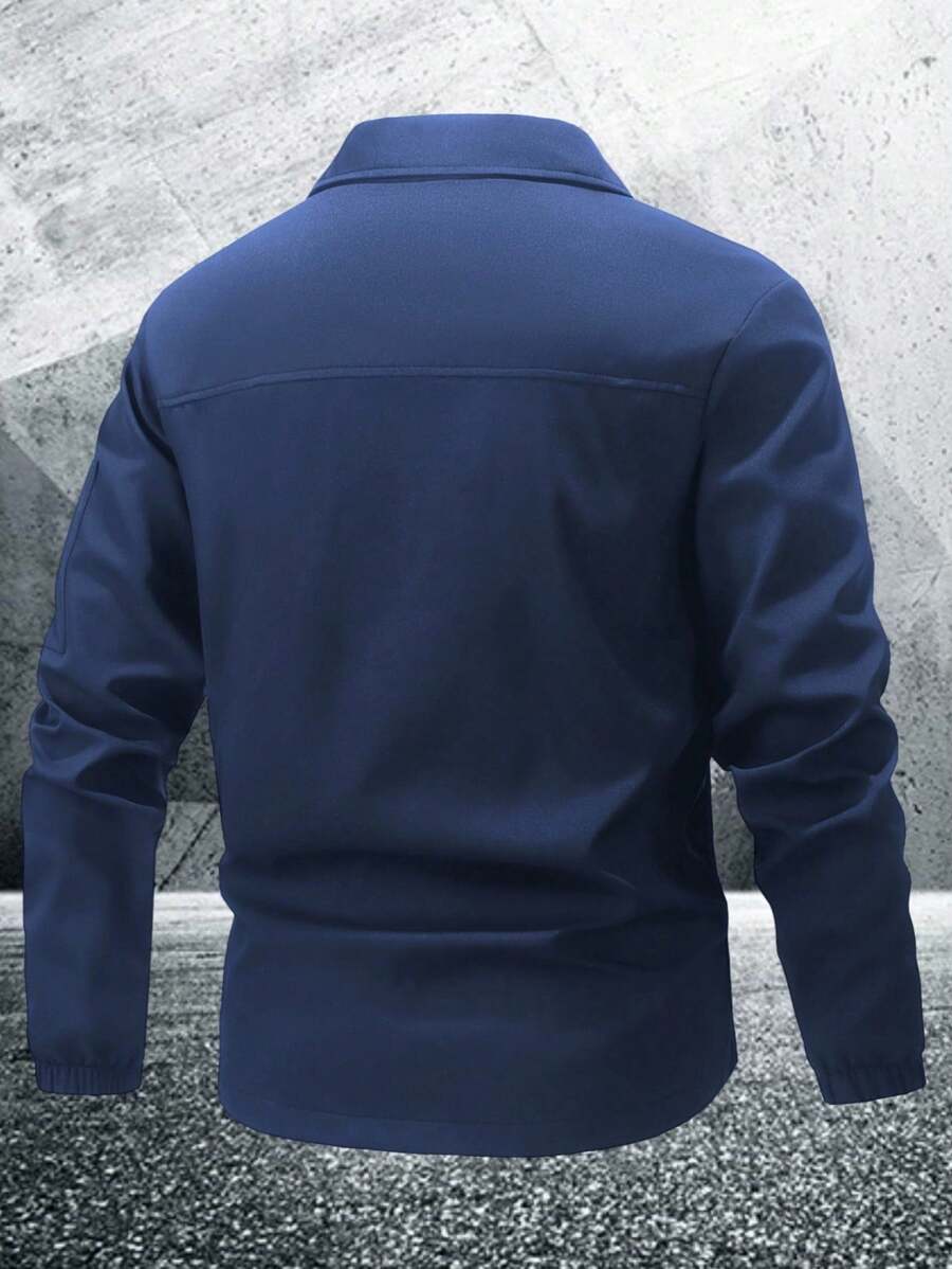Manfinity Homme Men's Solid Color Zip-Up Casual Outdoor Windbreaker Jacket, Men's Black Jacket, Men's Teachwear Jacket