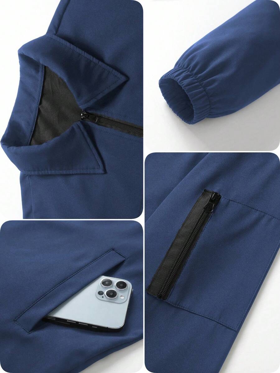 Manfinity Homme Men's Solid Color Zip-Up Casual Outdoor Windbreaker Jacket, Men's Black Jacket, Men's Teachwear Jacket