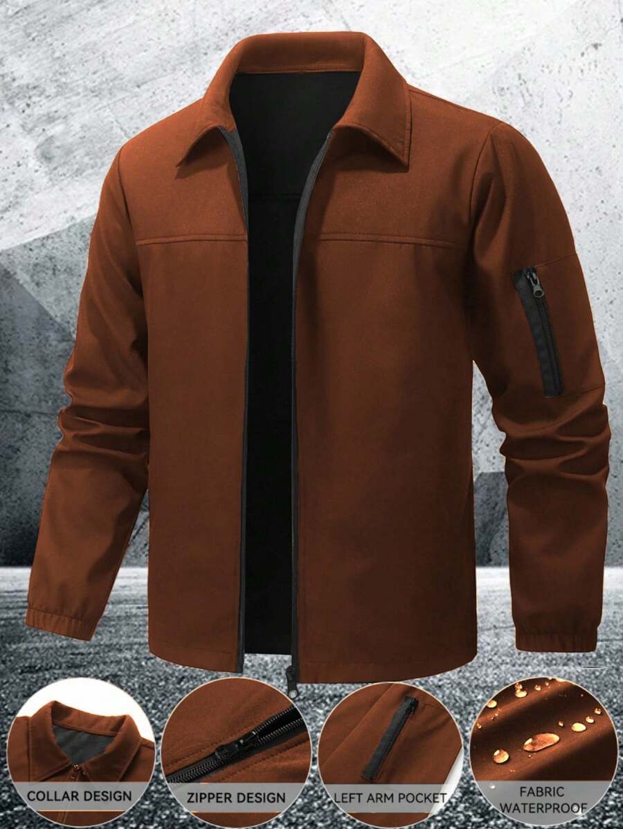 Manfinity Homme Men's Solid Color Zip-Up Casual Outdoor Windbreaker Jacket, Men's Black Jacket, Men's Teachwear Jacket