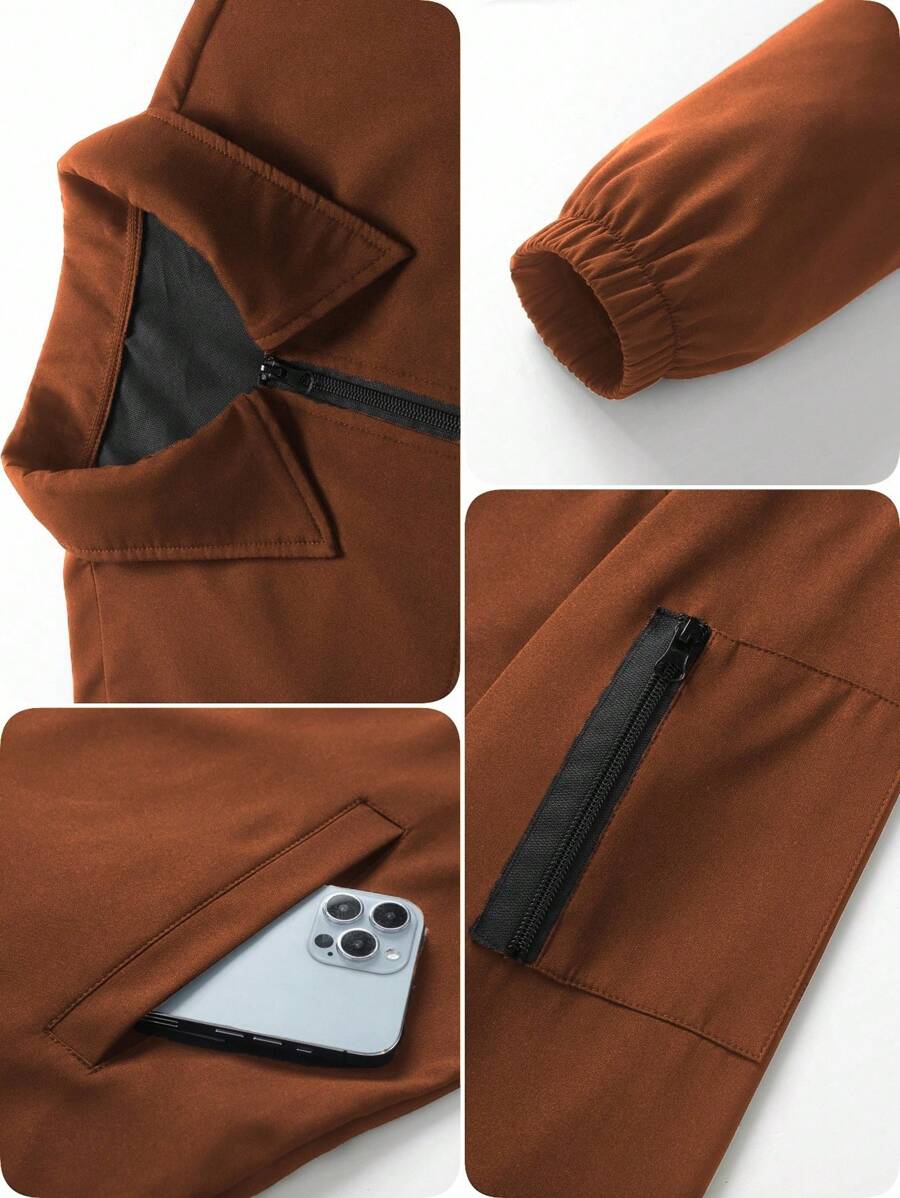 Manfinity Homme Men's Solid Color Zip-Up Casual Outdoor Windbreaker Jacket, Men's Black Jacket, Men's Teachwear Jacket