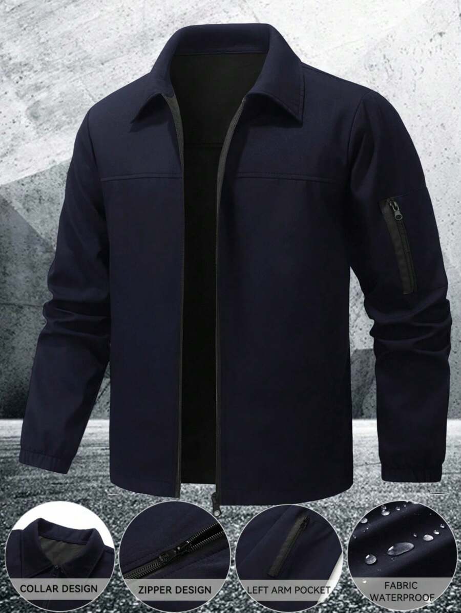 Manfinity Homme Men's Solid Color Zip-Up Casual Outdoor Windbreaker Jacket, Men's Black Jacket, Men's Teachwear Jacket