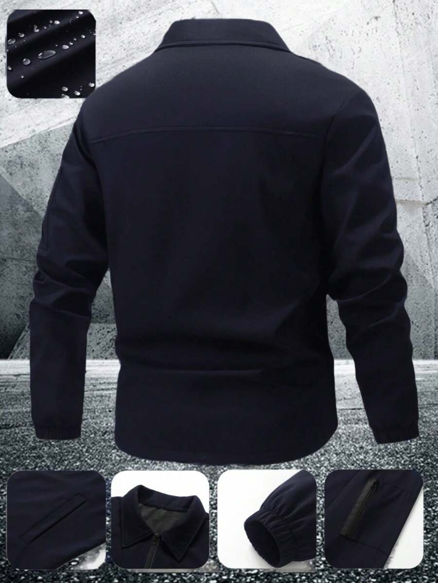 Manfinity Homme Men's Solid Color Zip-Up Casual Outdoor Windbreaker Jacket, Men's Black Jacket, Men's Teachwear Jacket