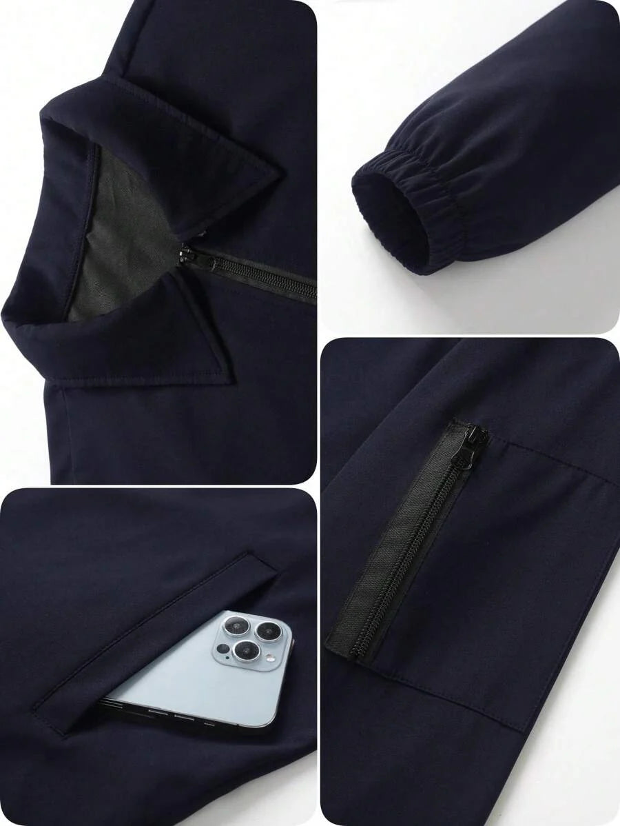 Manfinity Homme Men's Solid Color Zip-Up Casual Outdoor Windbreaker Jacket, Men's Black Jacket, Men's Teachwear Jacket