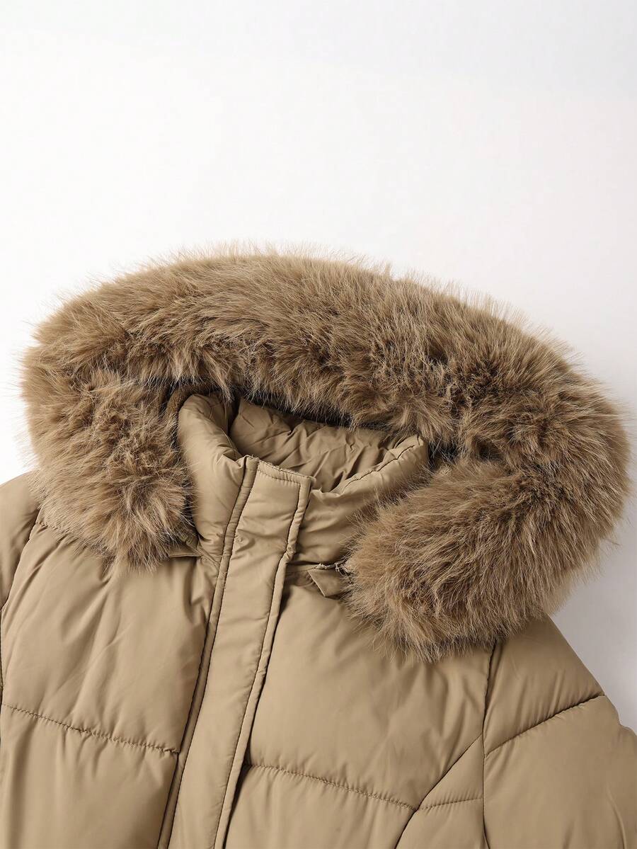 Risissida Women's Casual Hooded Jacket With Pockets, Lightweight Faux Fur Lined Quilted Trench Coat, Fall Daily Wear Winter Coat
