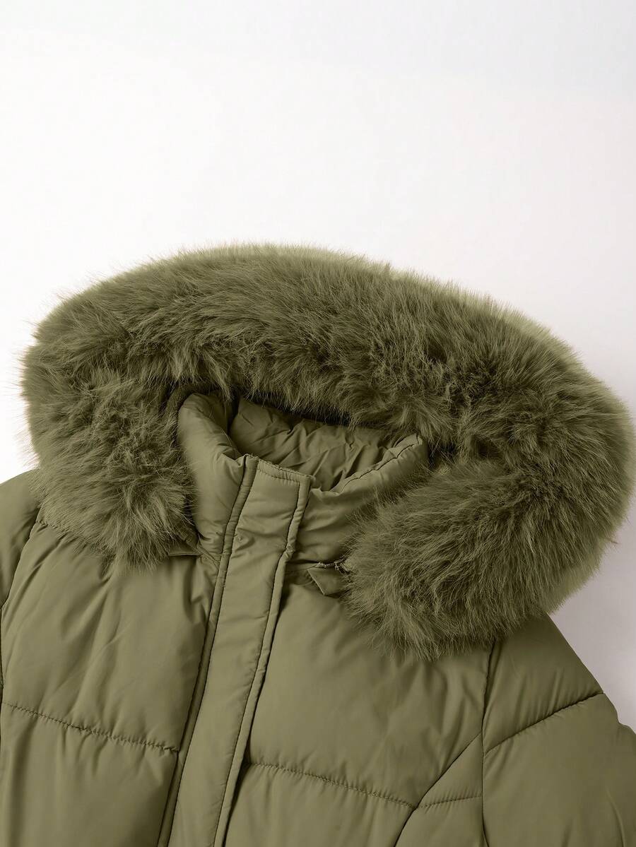 Risissida Women's Casual Hooded Jacket With Pockets, Lightweight Faux Fur Lined Quilted Trench Coat, Fall Daily Wear Winter Coat
