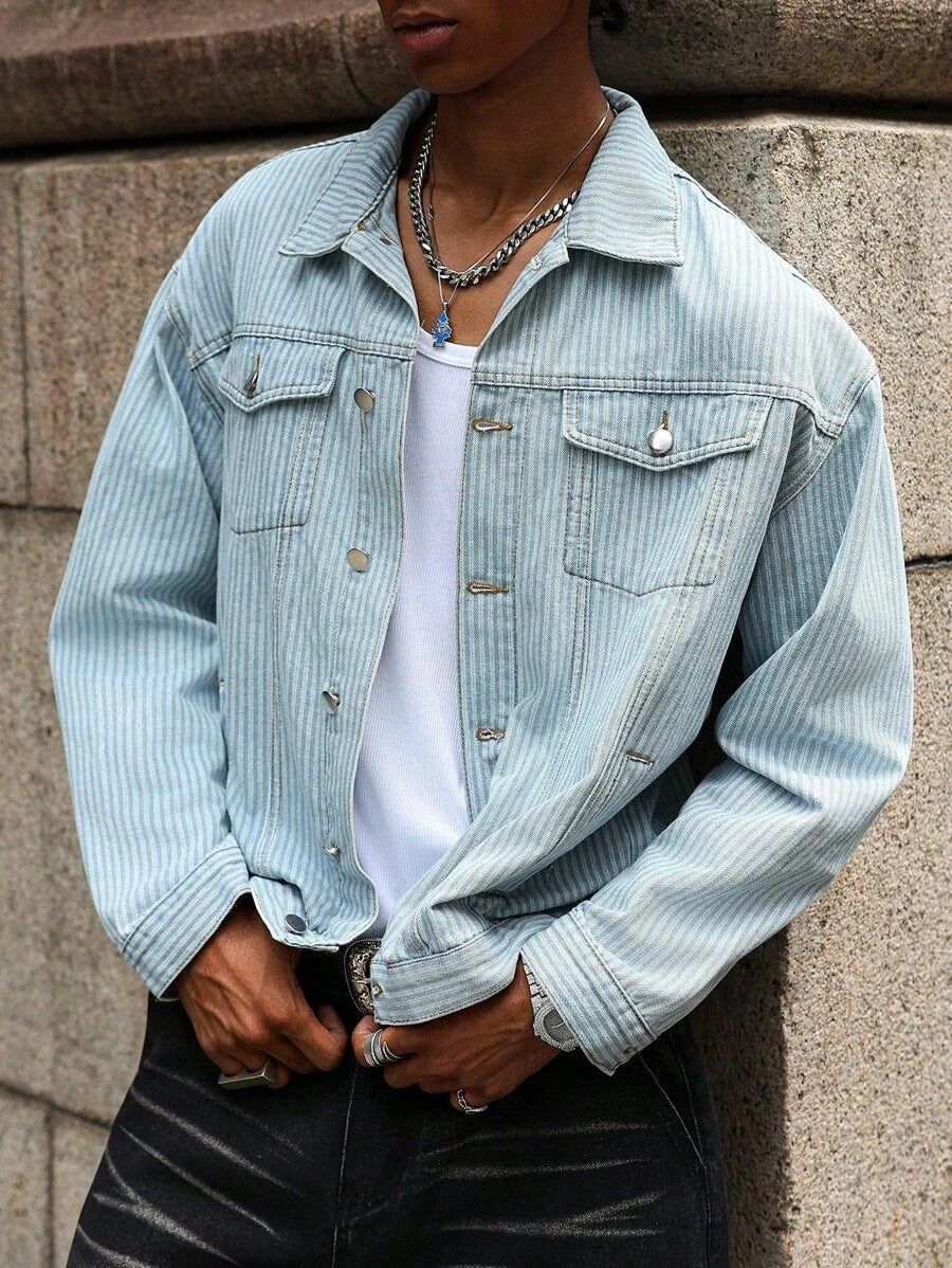 Manfinity Homme Men's Checkered Fringe Trim Long Sleeve Loose Denim Jacket Going Out Hang Out Disco Vacation Street, Fall