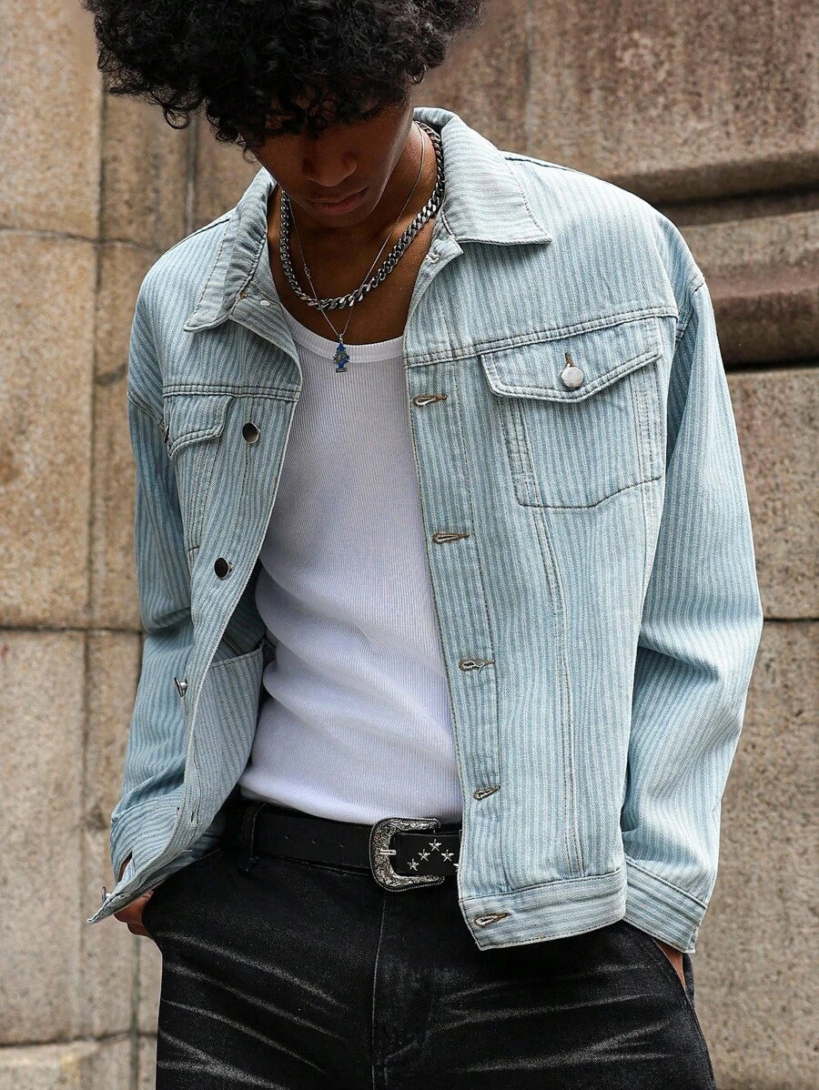 Manfinity Homme Men's Checkered Fringe Trim Long Sleeve Loose Denim Jacket Going Out Hang Out Disco Vacation Street, Fall