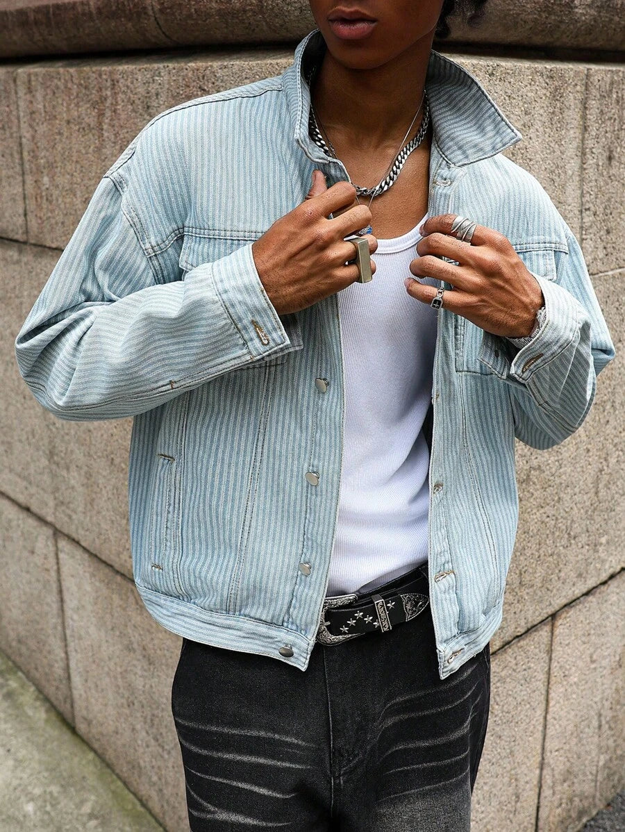 Manfinity Homme Men's Checkered Fringe Trim Long Sleeve Loose Denim Jacket Going Out Hang Out Disco Vacation Street, Fall