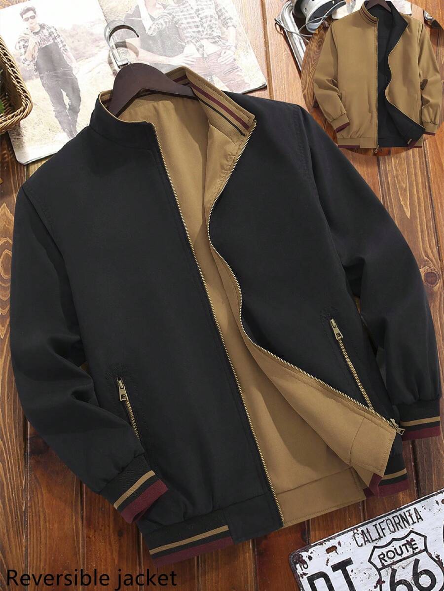 Manfinity Homme 2-In-1 Men's Casual Long Sleeve Reversible Casual Outdoor Windbreaker Jacket, Lightweight Summer Bomber Jacket, Fall