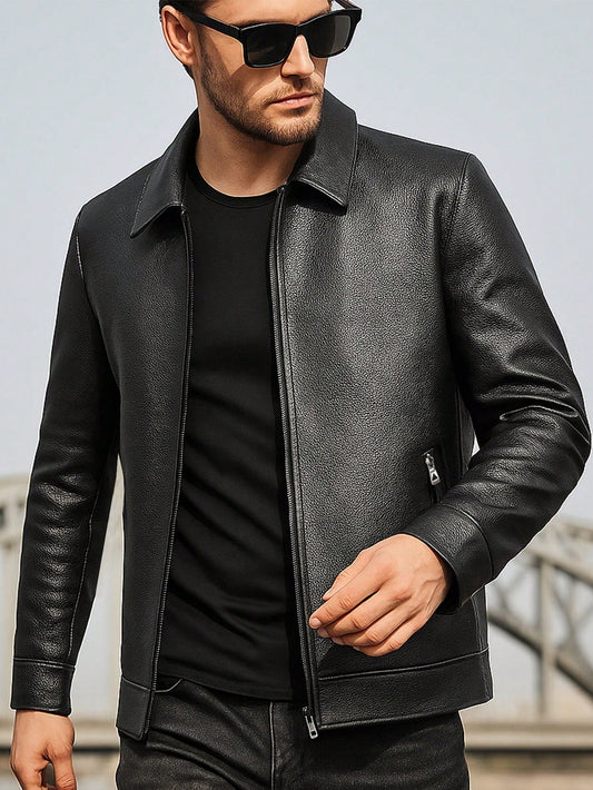 1pc Men's Leather Jacket, Stand Collar, Zipper Pockets, Black, Business Casual Men's Jacket, Cardigan Outerwear