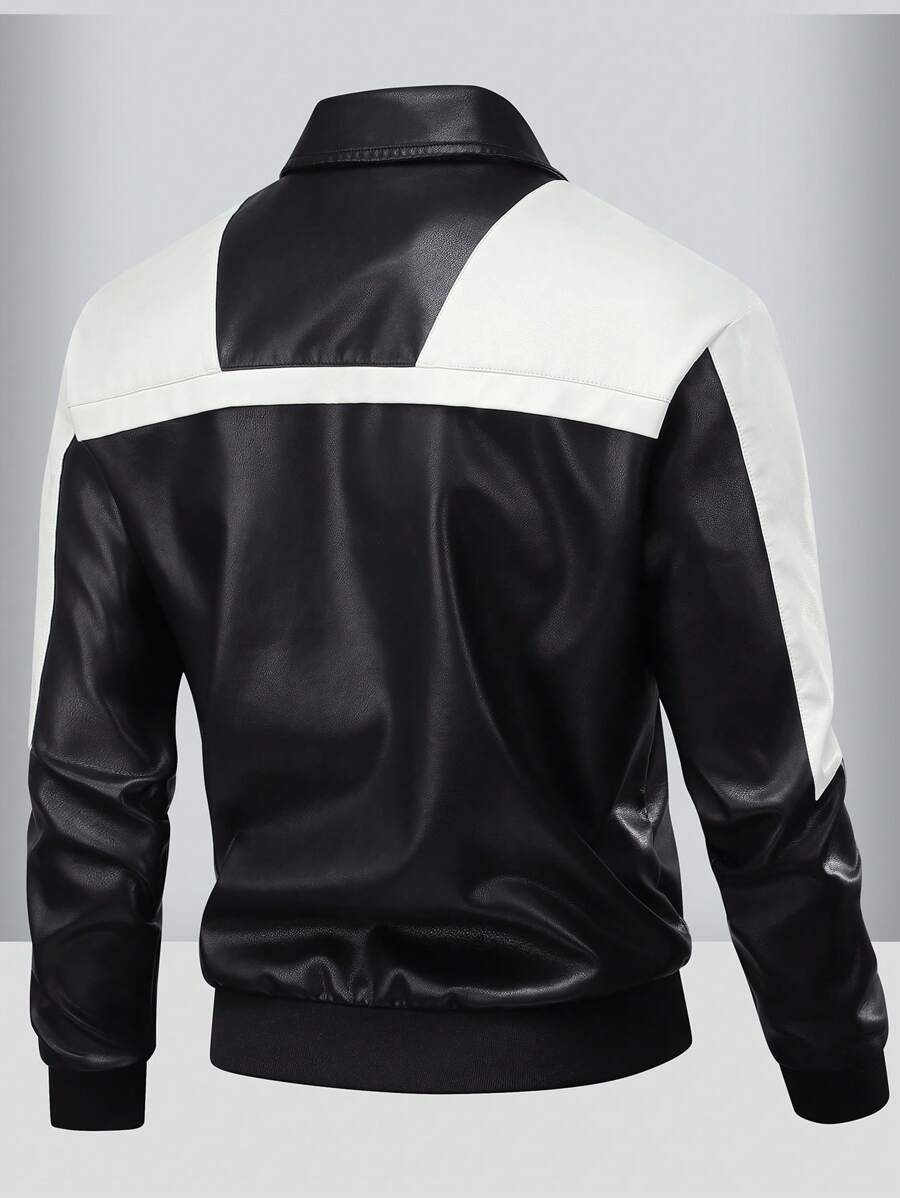 Men's Fashion Casual Color Blocking Zipper Stand Collar PU Leather Jacket, Fall/Winter