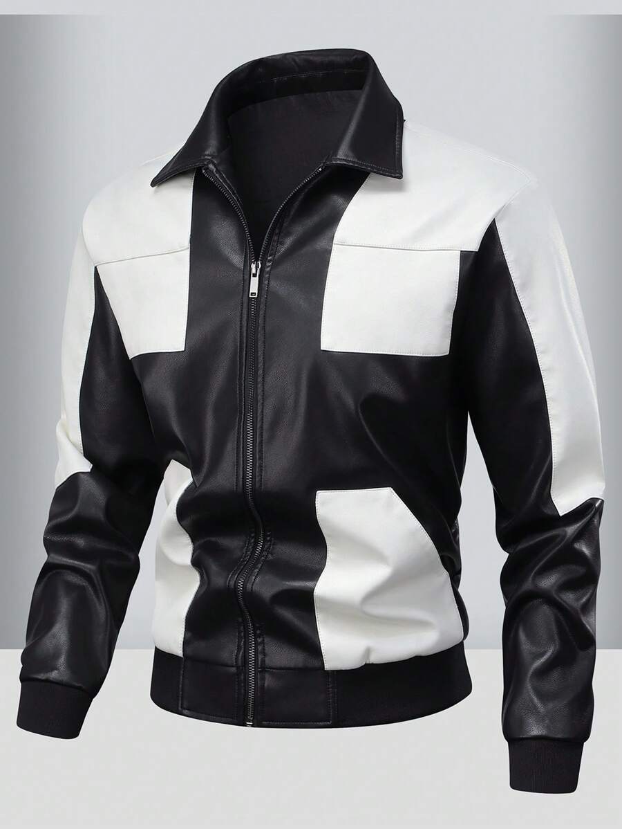Men's Fashion Casual Color Blocking Zipper Stand Collar PU Leather Jacket, Fall/Winter
