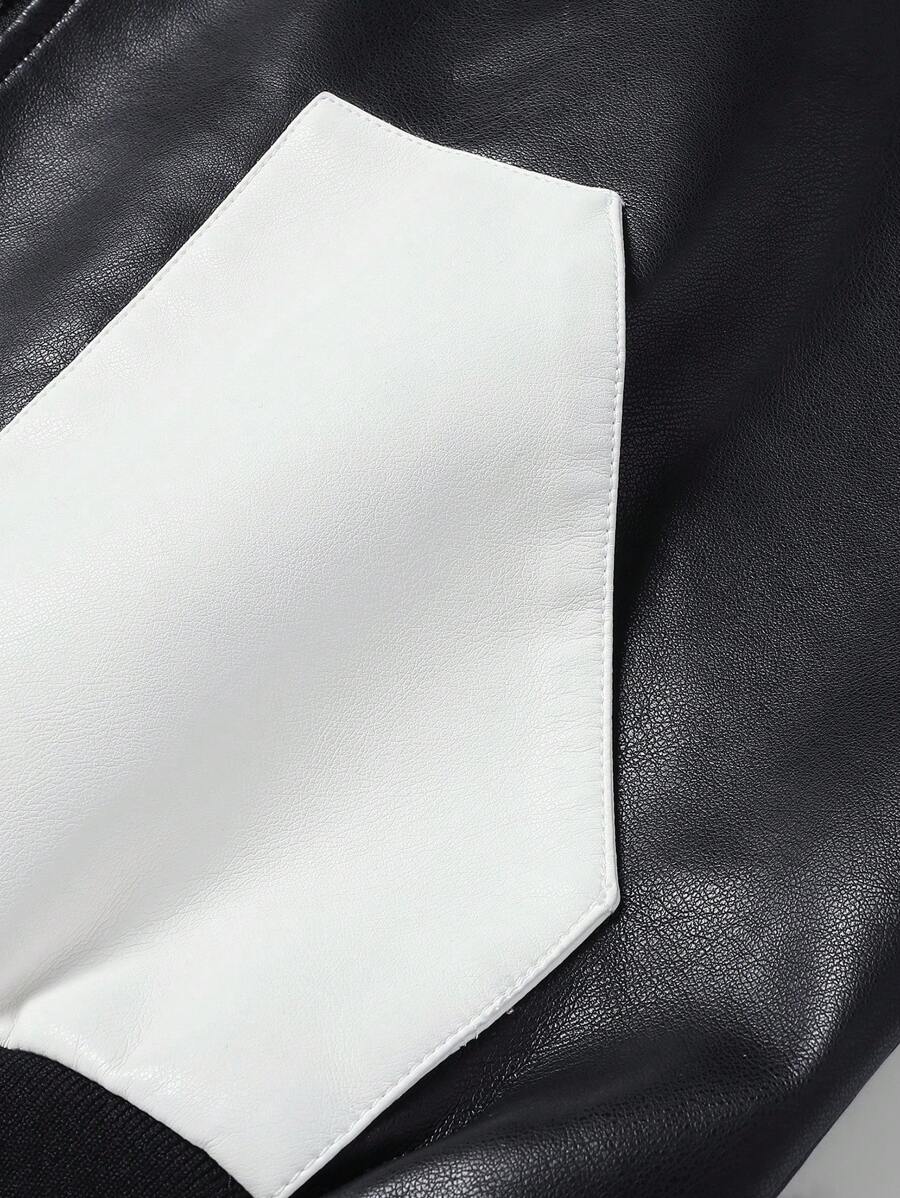 Men's Fashion Casual Color Blocking Zipper Stand Collar PU Leather Jacket, Fall/Winter